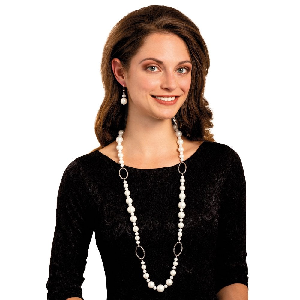 Triumphant White Shell Pearl and Crystal Long Pearl Statement Necklace