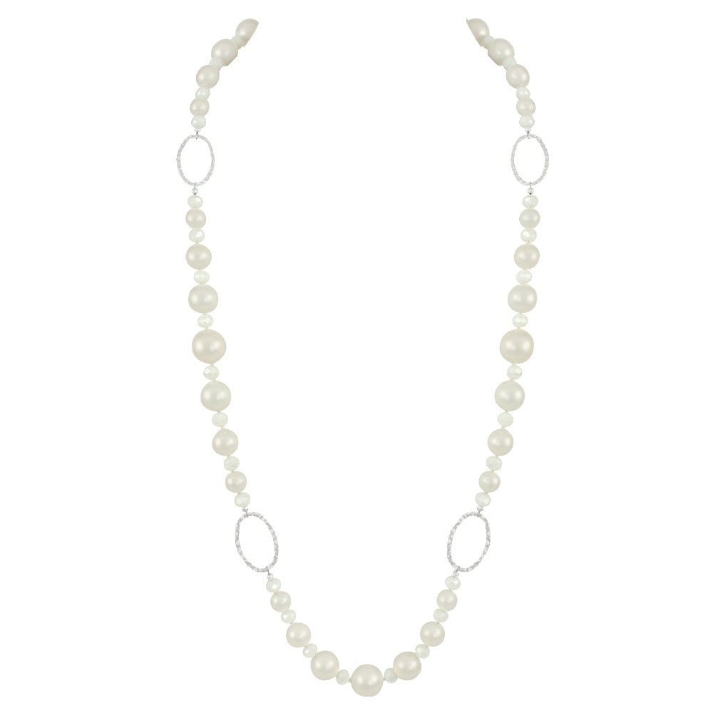 Triumphant White Shell Pearl and Crystal Long Pearl Statement Necklace