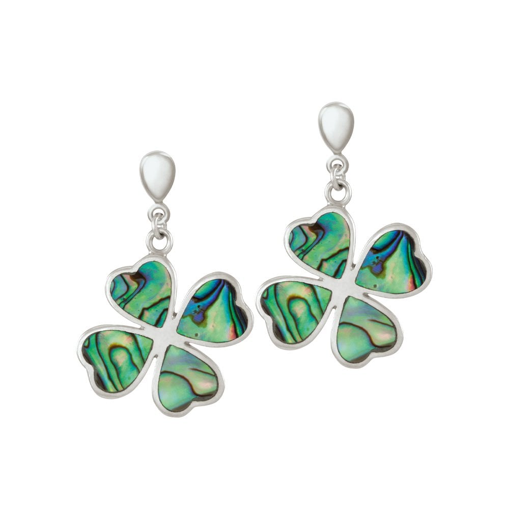 Lucky Clover Abalone Sterling Silver Drop Clip On Earrings