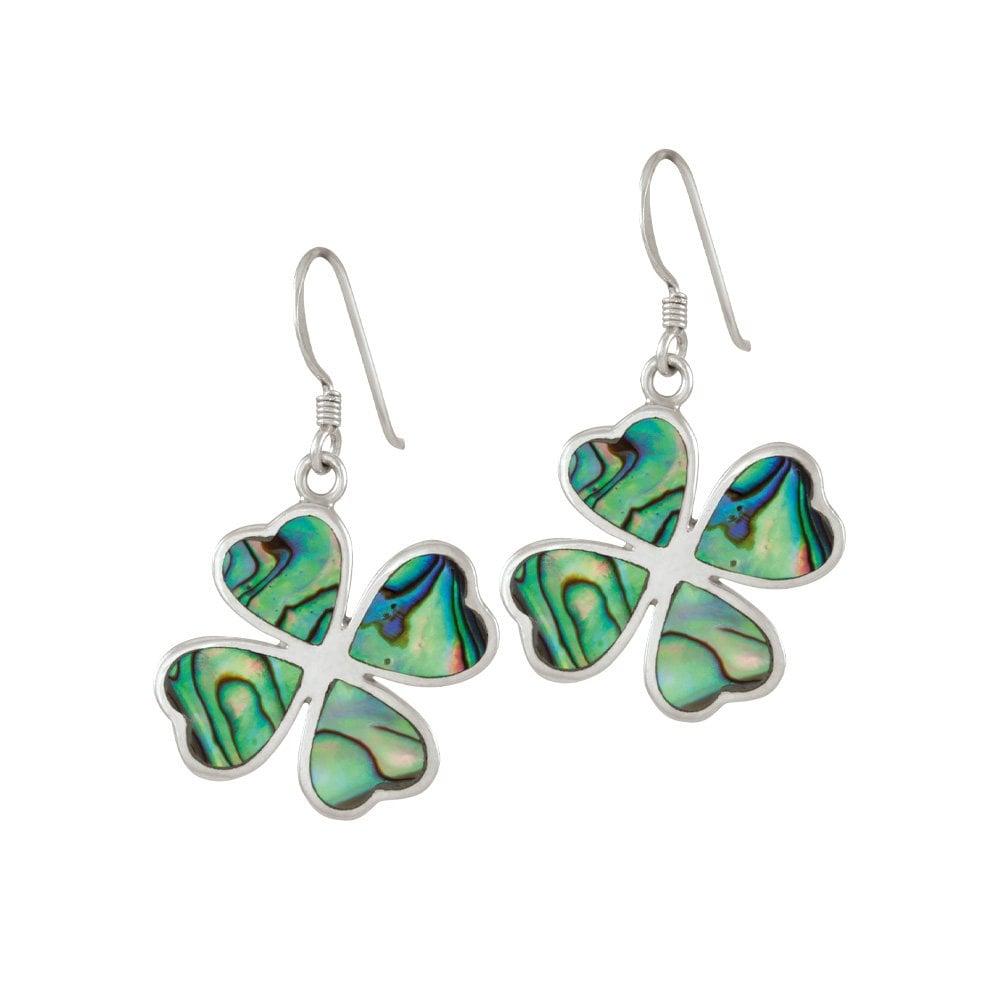 Lucky Clover Abalone Sterling Silver Drop Pierced Earrings