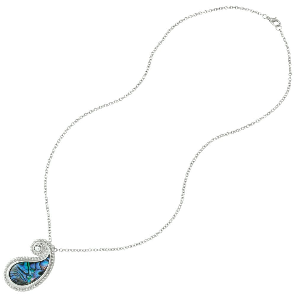 Paisley Paua Shell and Crystal Silver Tone Pendant