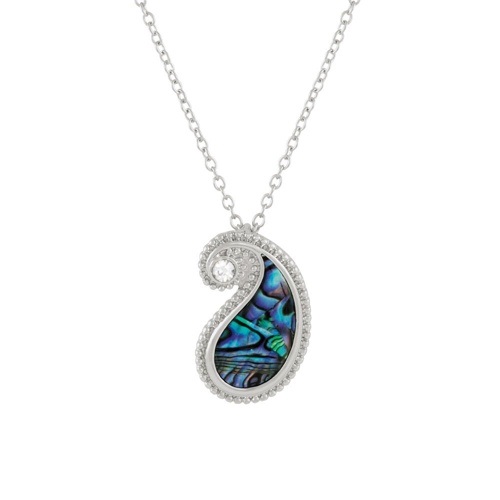 Paisley Paua Shell and Crystal Silver Tone Pendant
