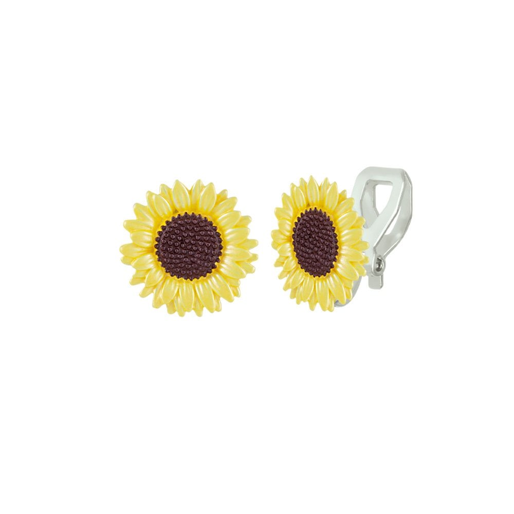 Sunflower Yellow Enamel Silver Tone Flower Stud Clip On Earrings