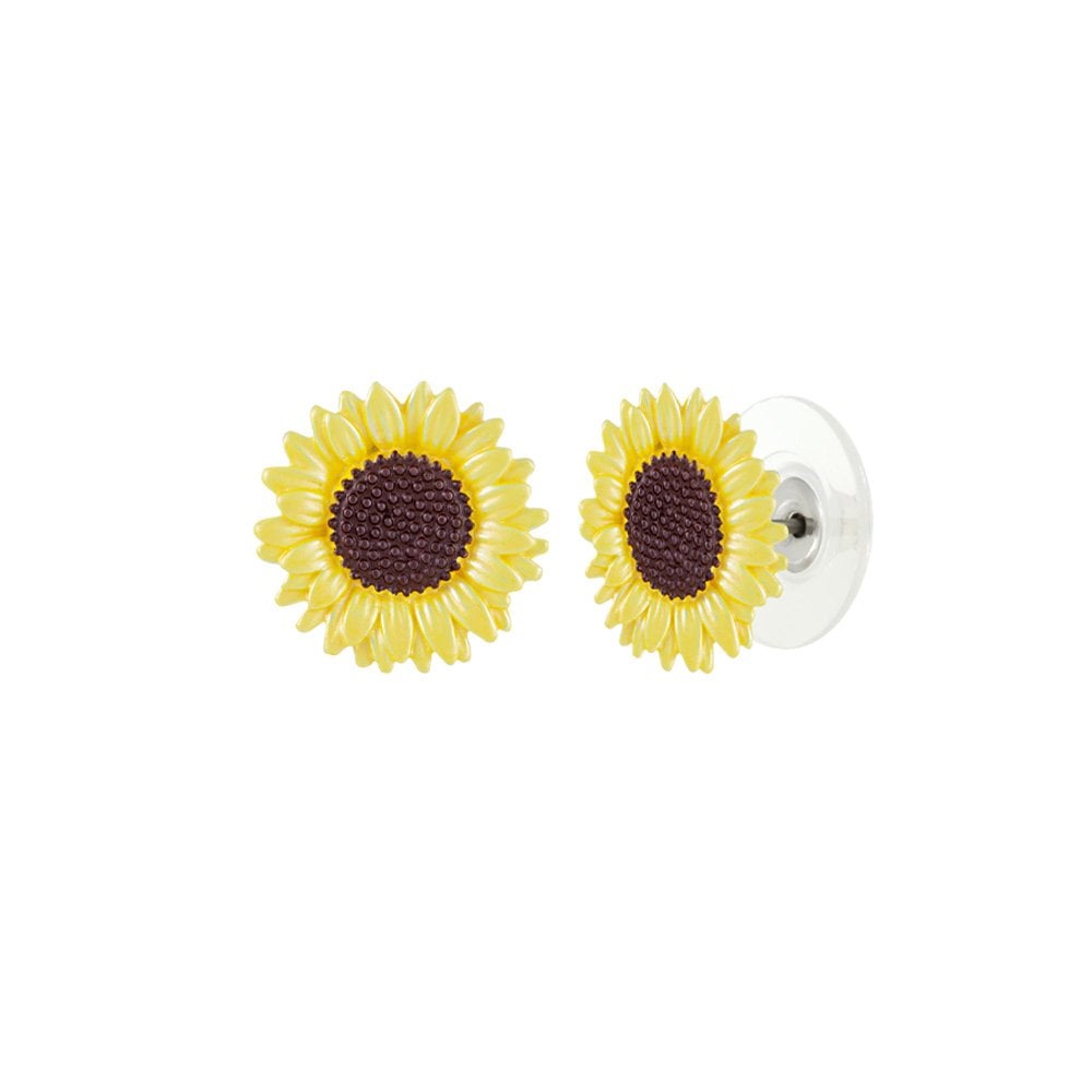 Sunflower Yellow Enamel Silver Tone Flower Stud Pierced Earrings