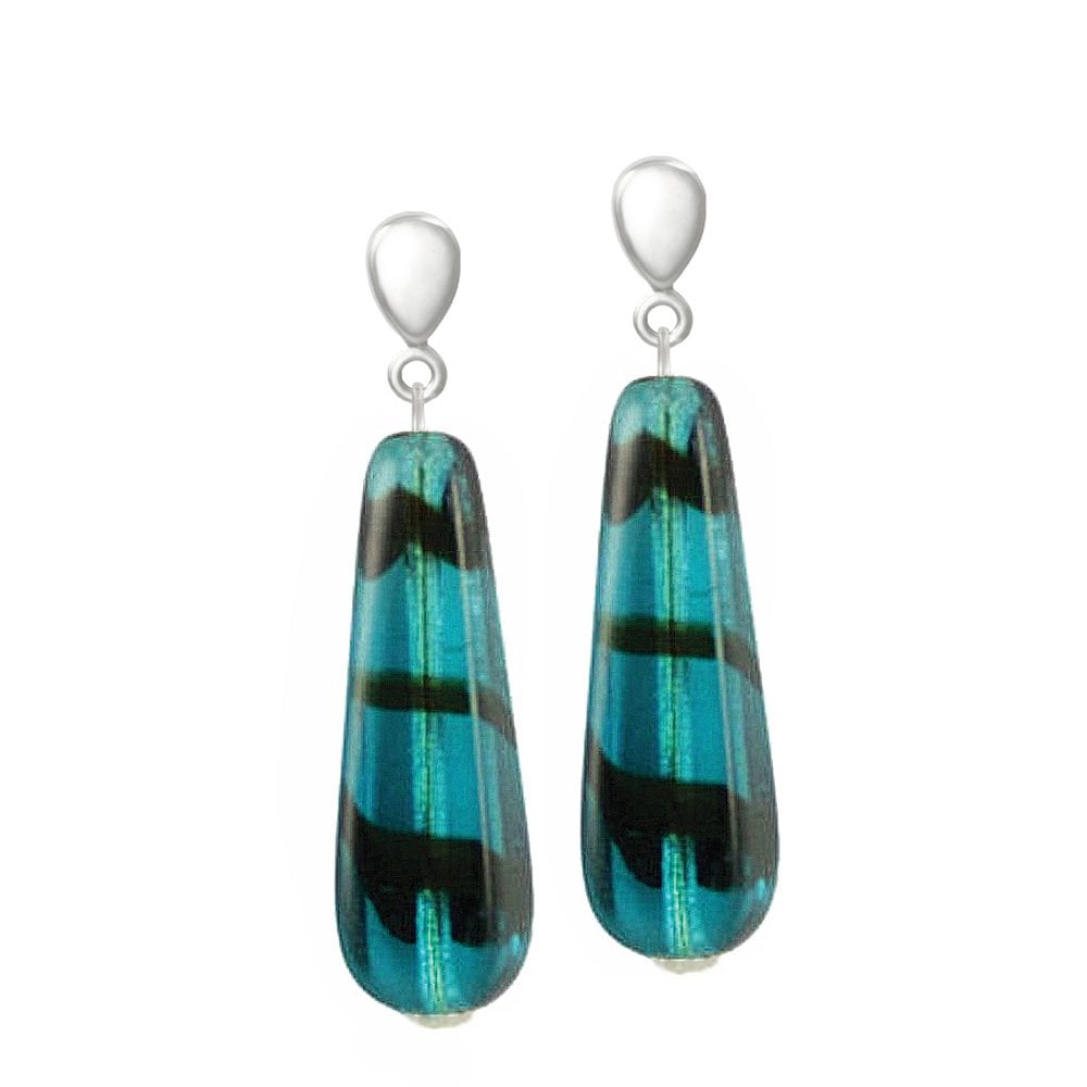 Teal Tortoiseshell Glass Silver Tone Drop Screw Back Clip On Earrings