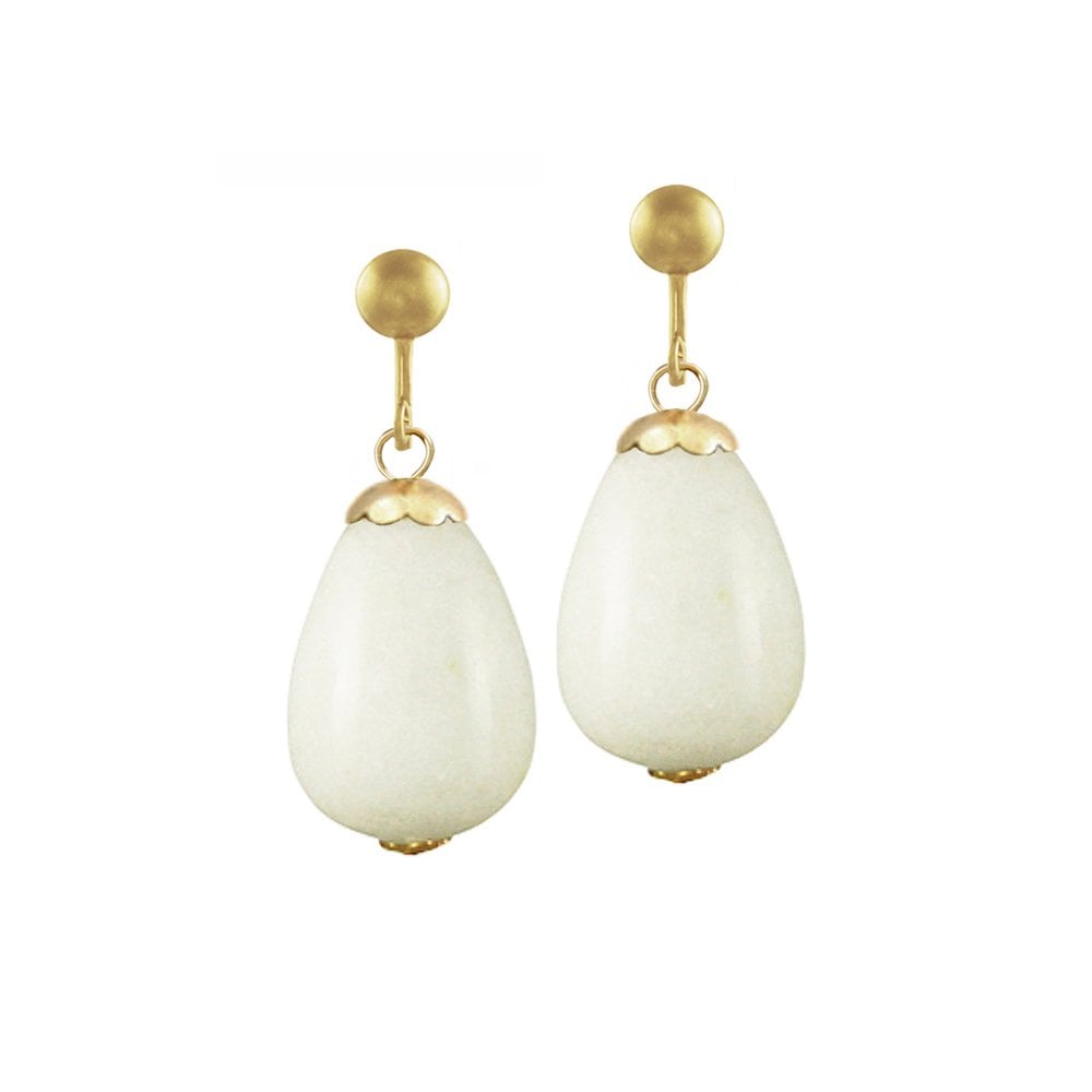 Fontana White Jade Gold Tone Drop Screw Back Clip On Earrings
