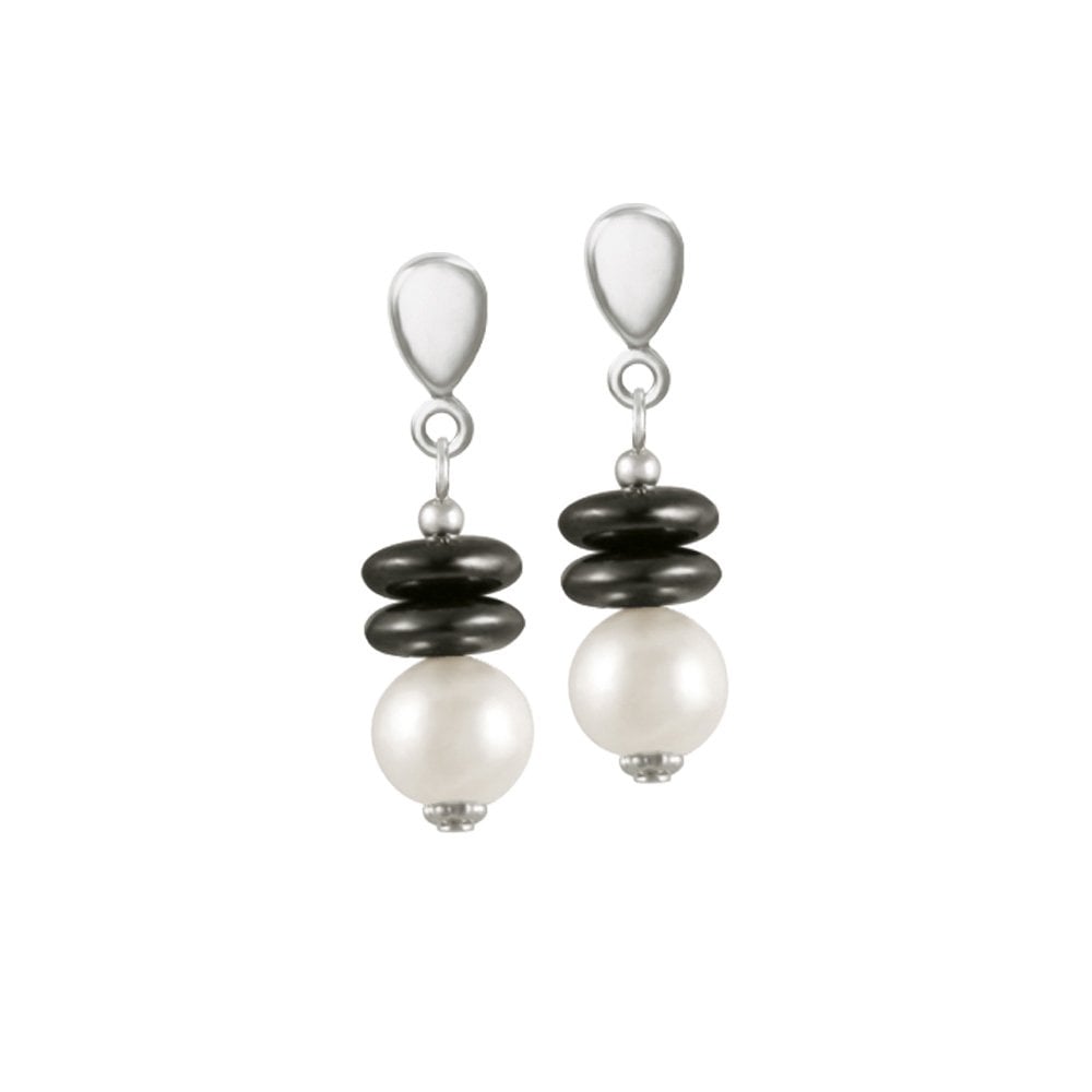 Soprano Hematite and Shell Pearl Silver Tone Drop Screw Back Clip On Earrings