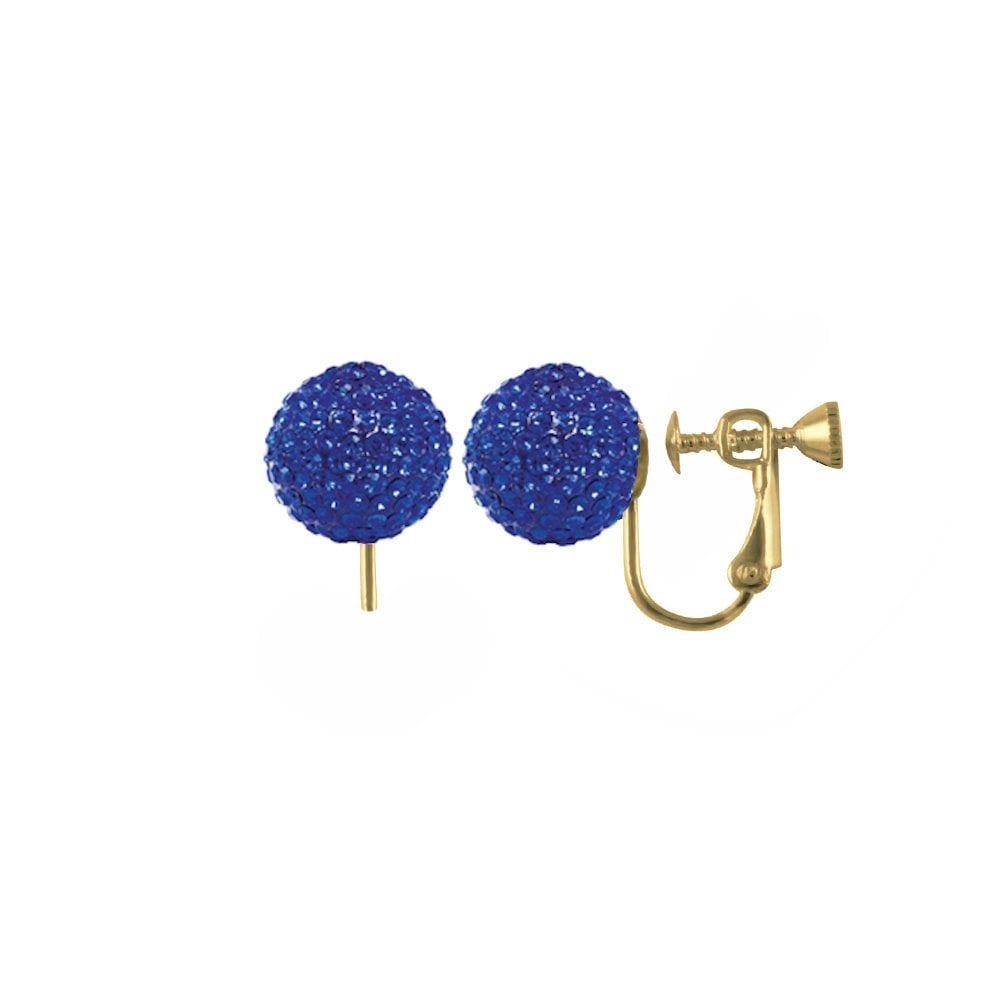 Shamballa Sapphire Glitter Ball Gold Tone Stud Screw Back Clip On Earrings