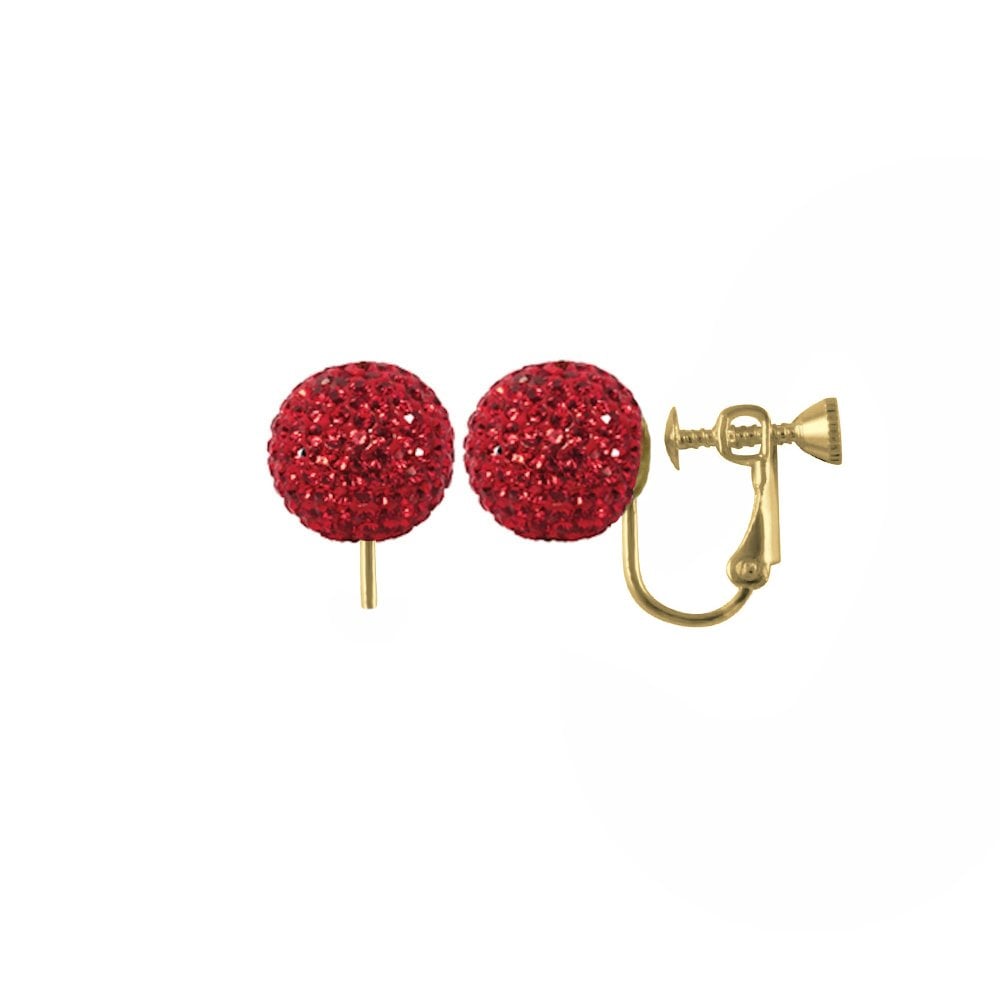 Shamballa Red Glitter Ball Gold Tone Stud Screw Back Clip On Earrings