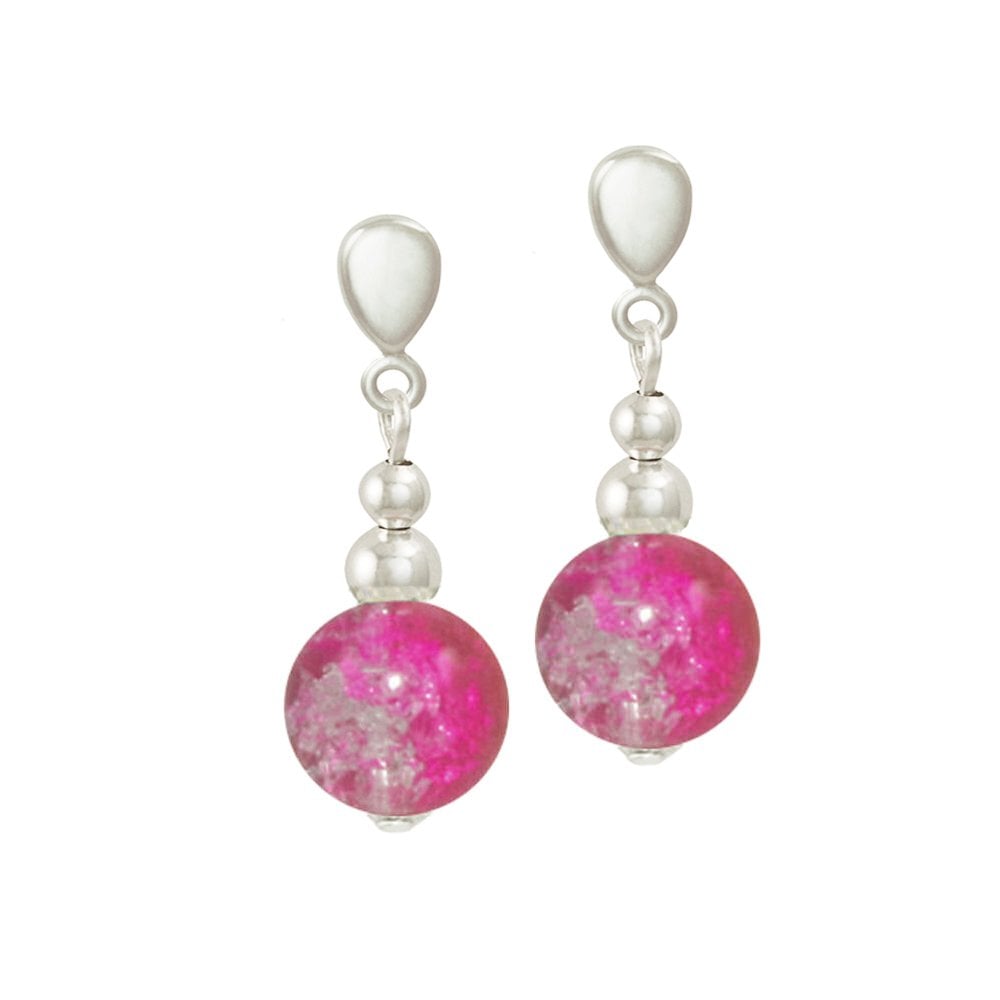 Dominica Fuchsia Crackle Glass Bead Silver Tone Drop Screw Back Clip On Earrings
