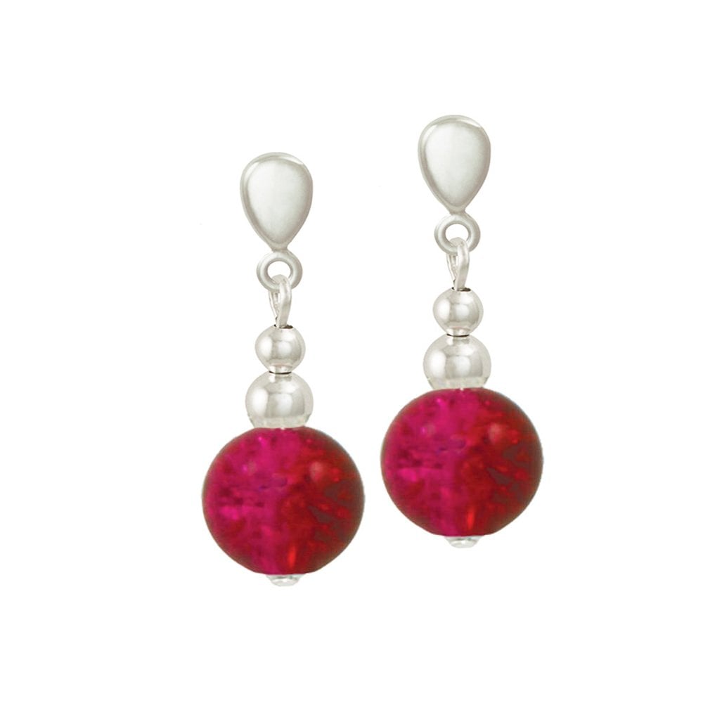 Dominica Red/Magenta Glass Crackle Bead Silver Tone Drop Screw Back Clip On Earrings