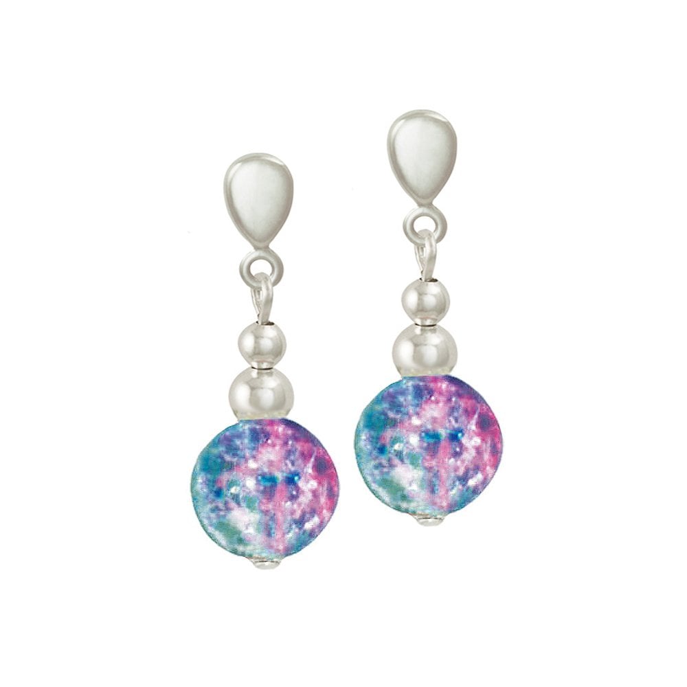Dominica Aqua and Pink Crackle Silver Tone Drop Screw Back Clip On Earrings
