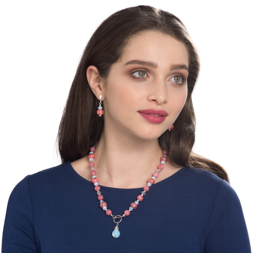 Harmony Coral Ceramic and Crystal Silver Tone Drop Screw Back Clip On Earrings