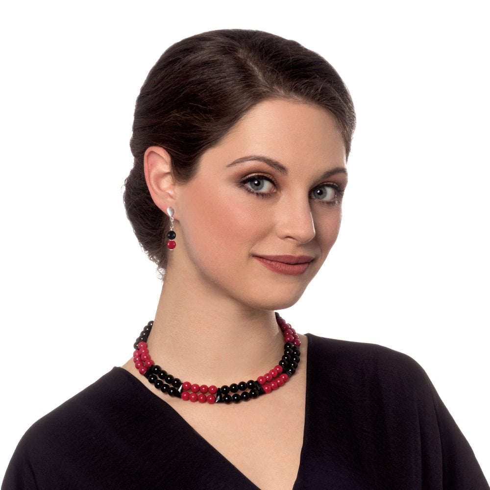 Finale Red/Black Mountain Jade Silver Tone Drop Screw Back Clip On Earrings