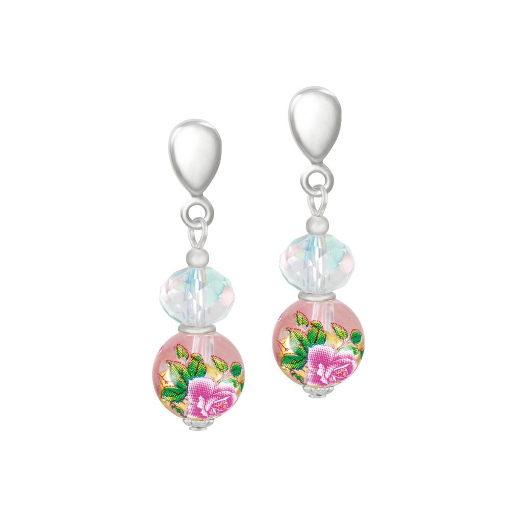 Serene Pink Floral Glass Silver Tone Drop Screw Back Clip On Earrings
