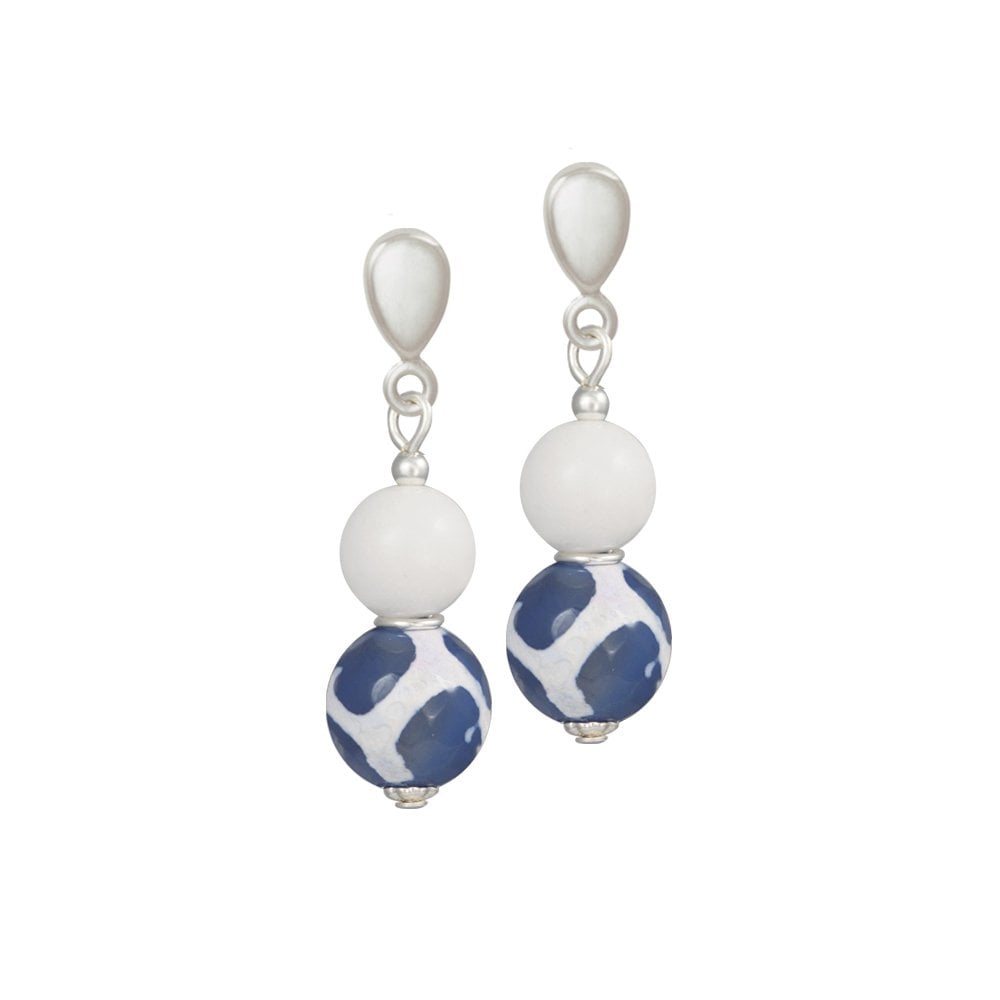 Portamento Jade and Blue Agate Silver Tone Drop Screw Back Clip On Earrings