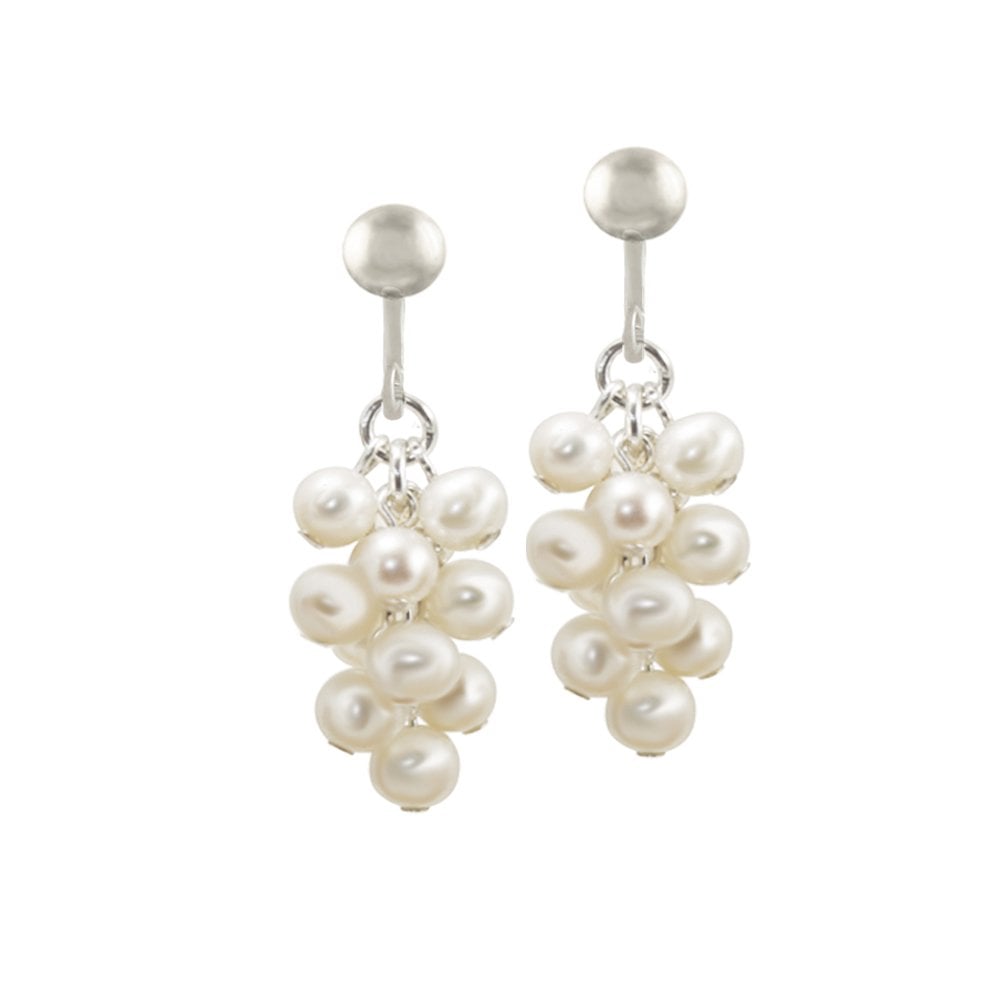 Lustrous White FW Pearl Cluster Silver Tone Drop Screw Back Clip On Earrings