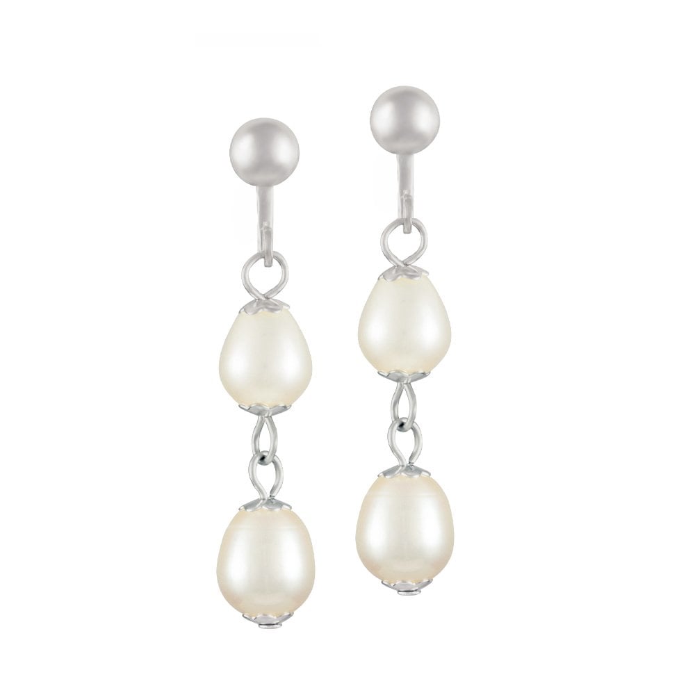 Enchanting White Freshwater Pearl Silver Tone Drop Screw Back Clip On Earrings