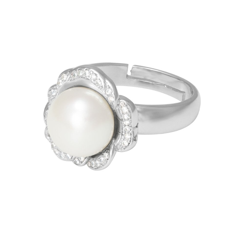 Supreme White Freshwater Pearl and CZ Sterling Silver Adjustable Ring