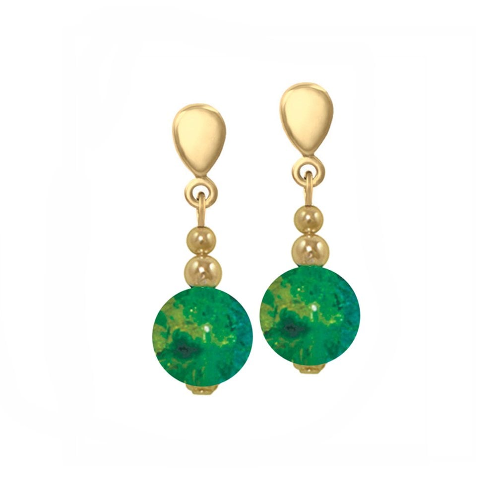 Dominica Green and Yellow Crackle Bead Gold Tone Drop Clip On Earrings
