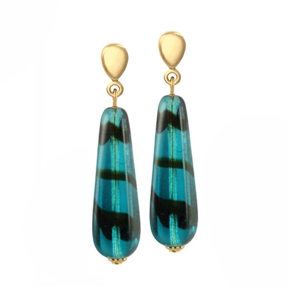 Teal Tortoiseshell Glass Teardrop Gold Tone Drop Clip On Earrings