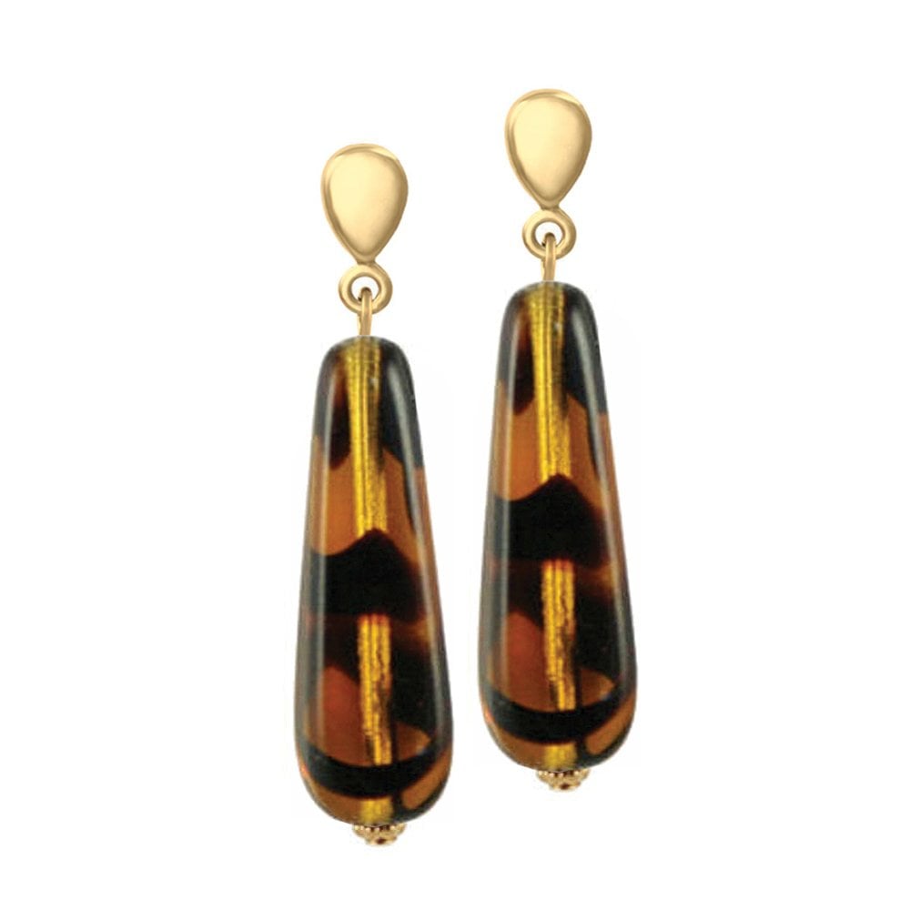 Tortoiseshell Glass Teardrop Gold Tone Drop Pierced Earrings