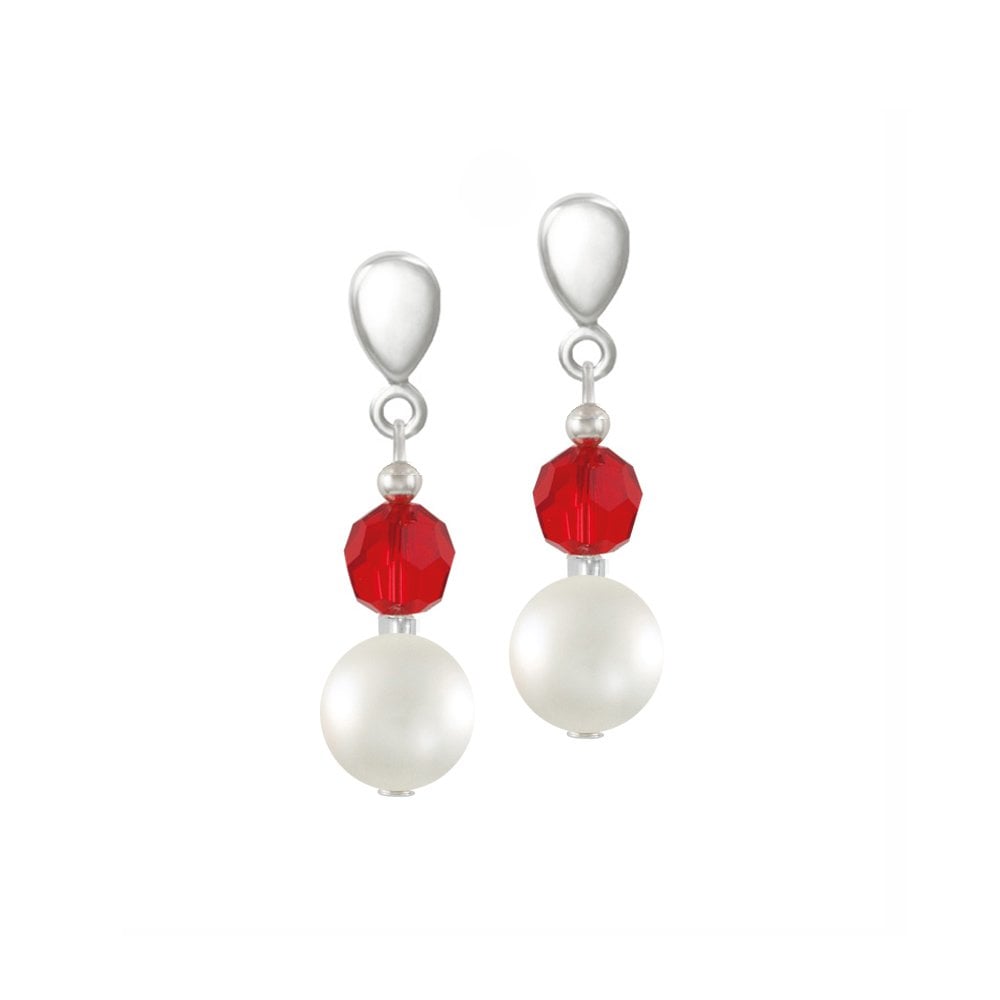 Romanza White Shell Pearl and Red Austrian Crystal Drop Clip On Earrings