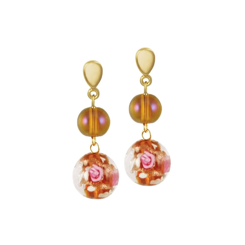 Fiori Topaz Venetian Glass Gold Tone Drop Pierced Earrings