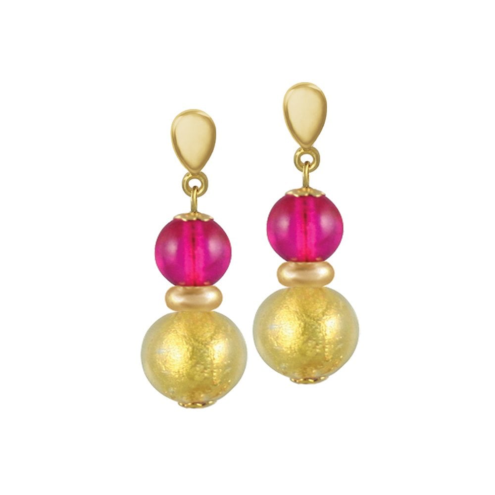 Veneto Fuchsia Pink Murano Glass Gold Tone Drop Pierced Earrings