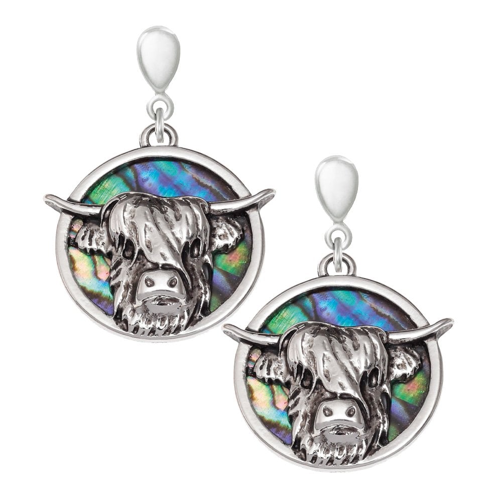 Highland Cow Paua Shell Silver Tone Drop Clip On Earrings