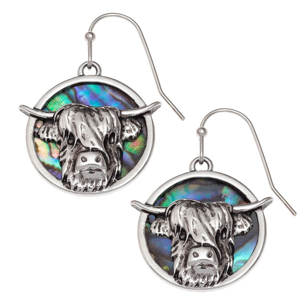 Highland Cow Paua Shell Silver Tone Drop Pierced Earrings