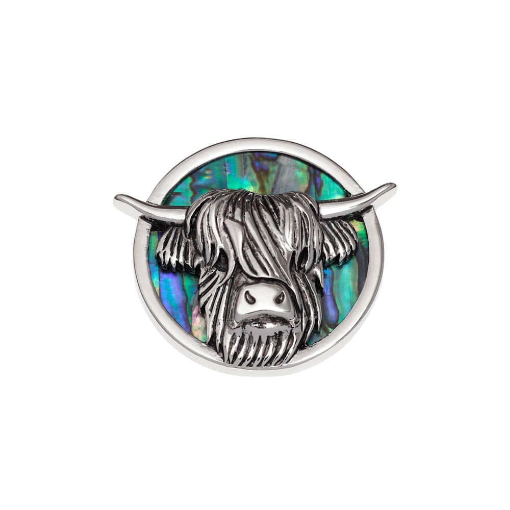 Highland Cow Paua Shell Silver Tone Brooch