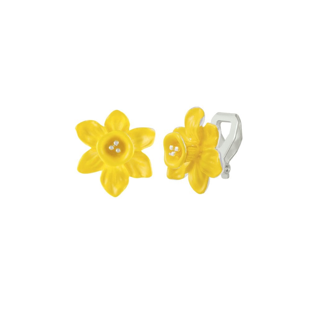 Daffodil Yellow Enamel Silver Tone Flower Stud Clip On Earrings