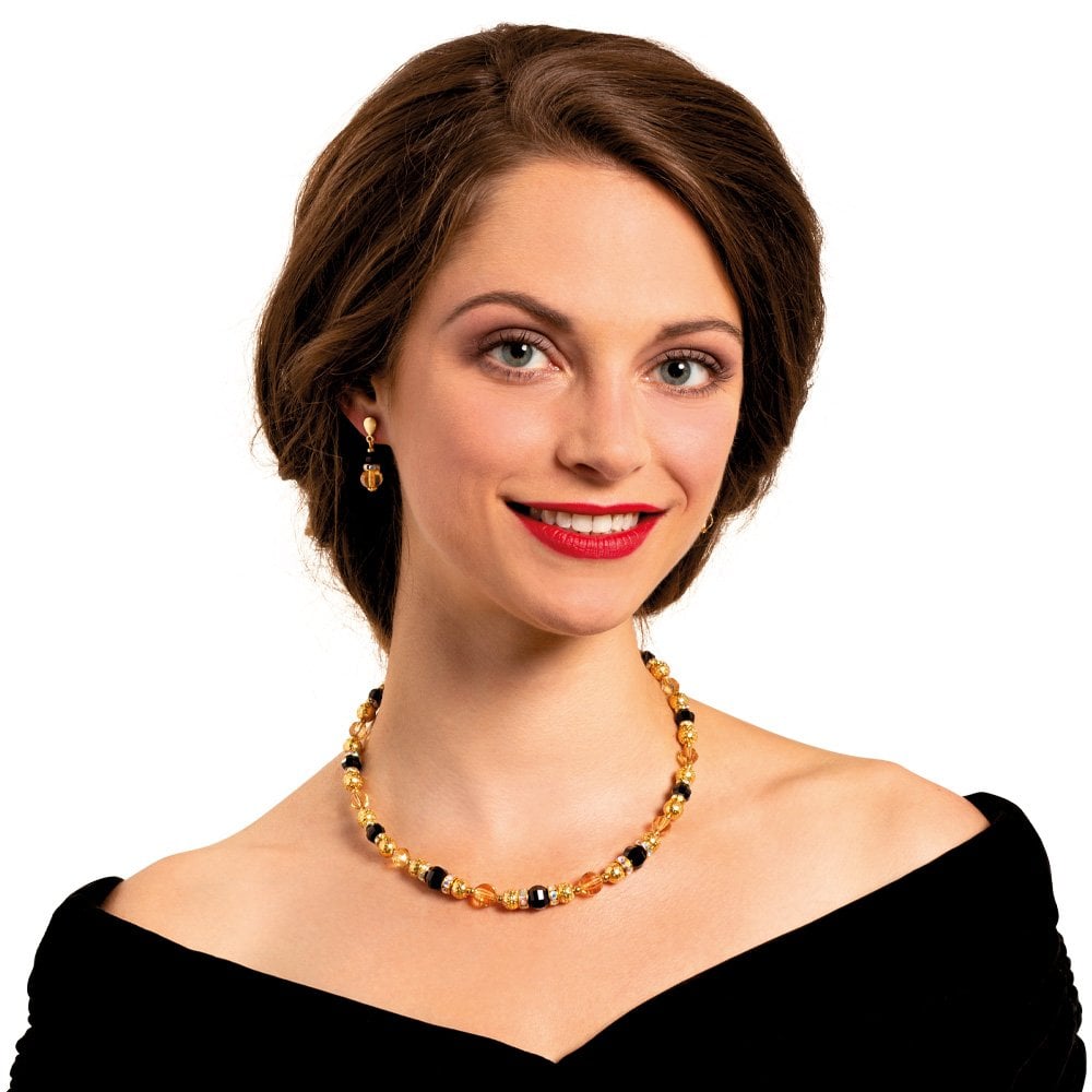 Celebration Topaz and Black Crystal Gold Tone Drop Clip On Earrings