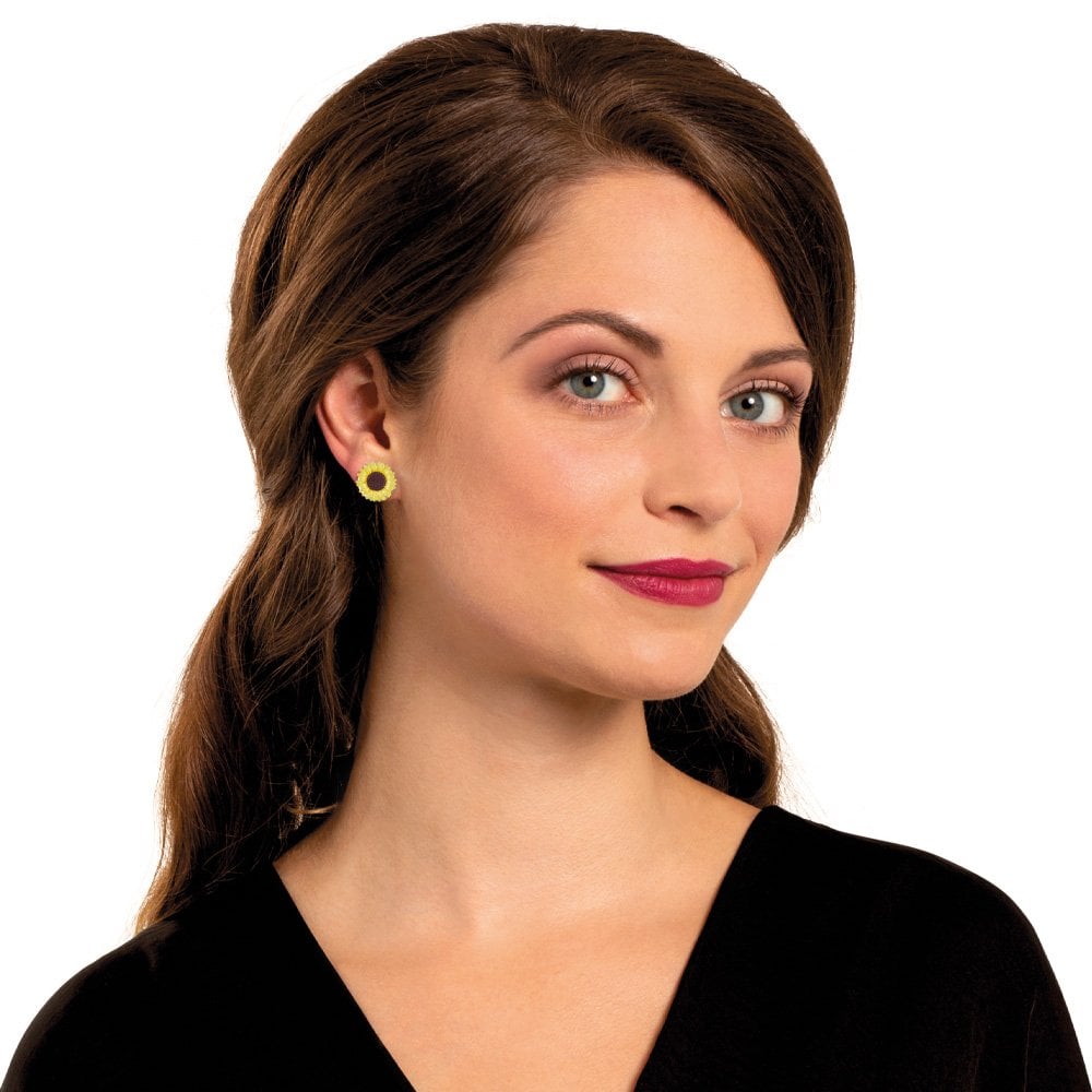 Sunflower Yellow Enamel Silver Tone Flower Stud Pierced Earrings