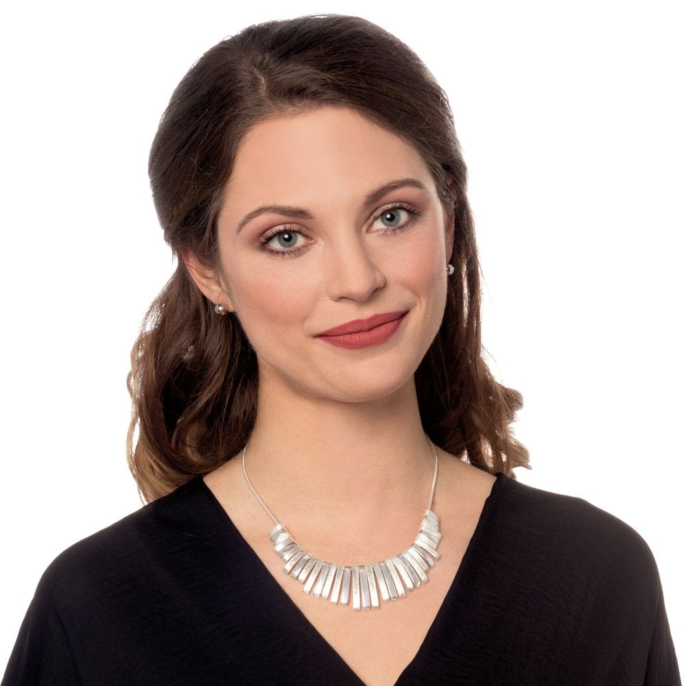 Delight Graduated Fan Silver Tone Metallic Statement Necklace