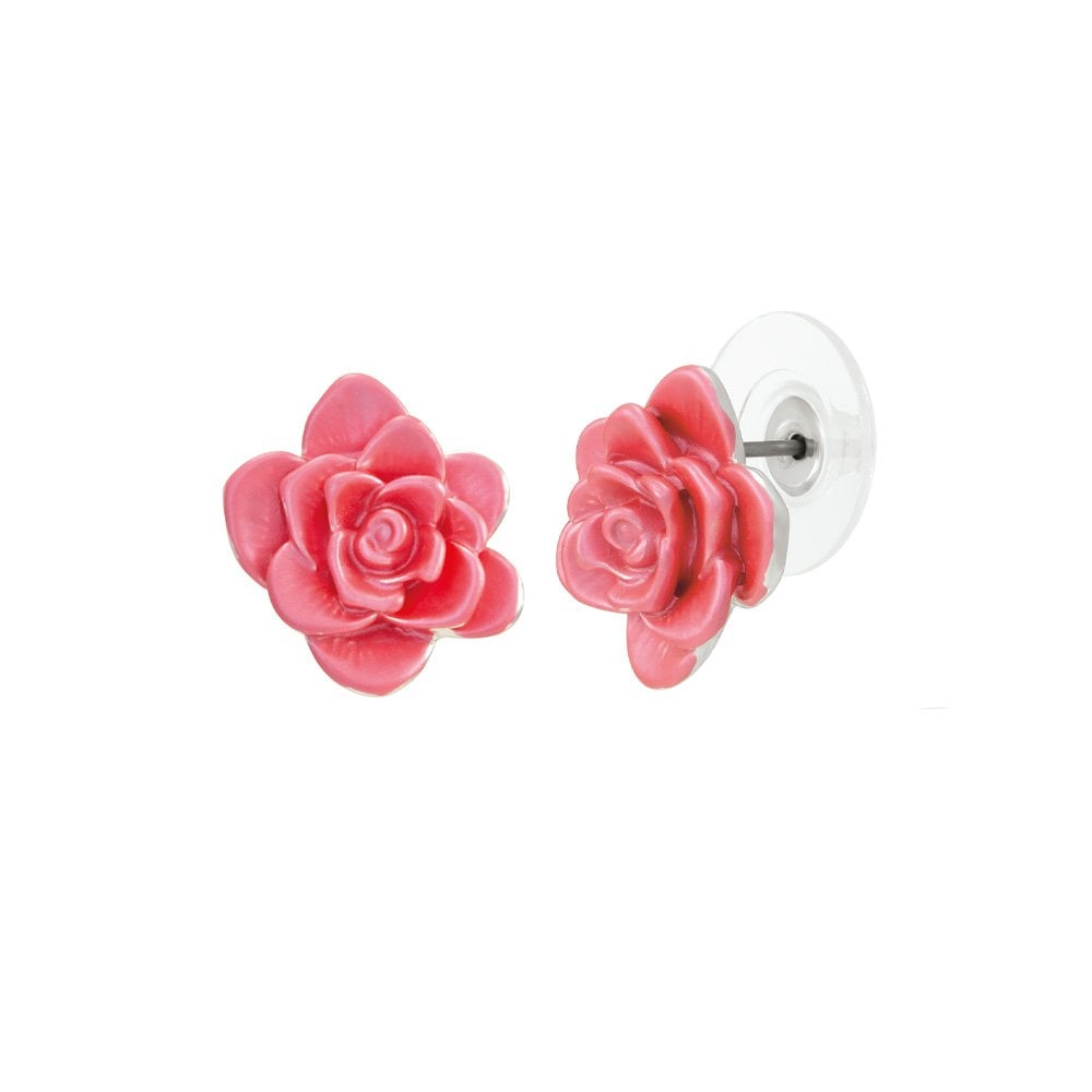 Camellia Pink Enamel Silver Tone Flower Stud Pierced Earrings