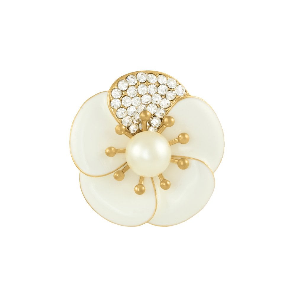 Camellia Pearl and Crystal White Enamel Scarf Clip