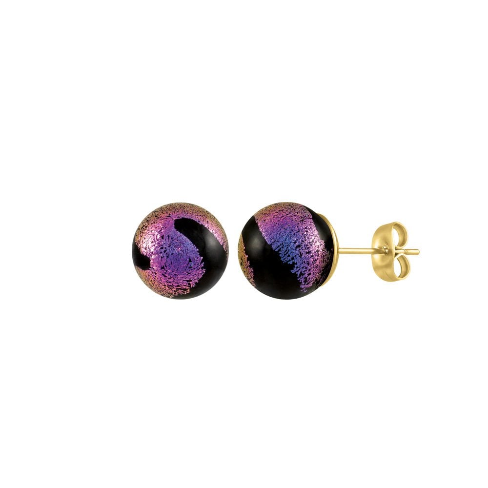 Bellissimo Black/Magenta Murano Glass Gold Tone Stud Pierced Earrings