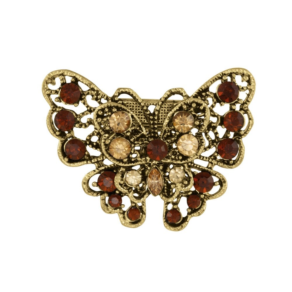 Filigree Vintage Gold Amber & Light Topaz Butterfly Scarf Clip