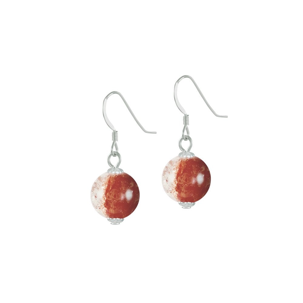 Carnival Cinnamon Czech Glass Crackle Bead Silver Tone Drop Pierced Earrings