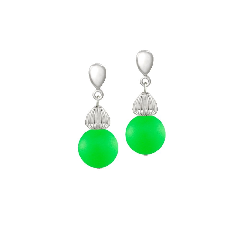 Solitaire Neon Green Pearl Silver Tone Drop Clip On Earrings