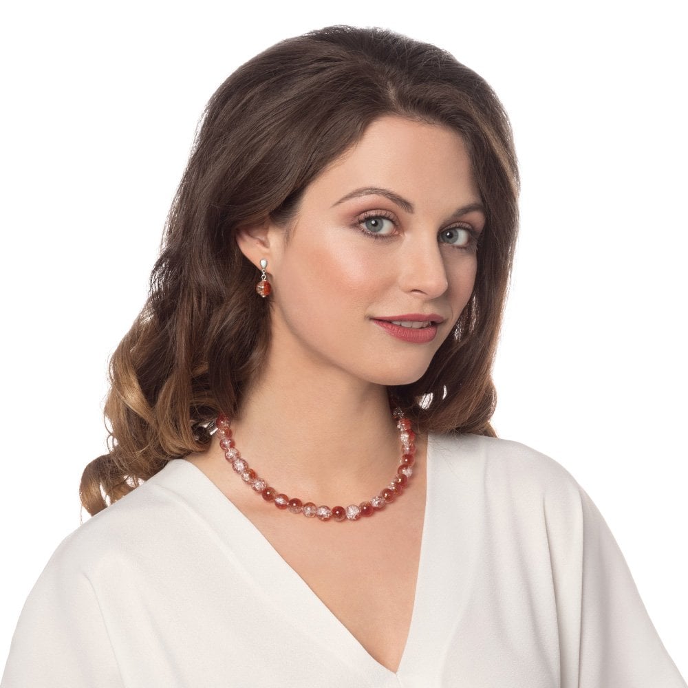 Carnival Cinnamon Czech Glass Crackle Bead Silver Tone Drop Clip On Earrings