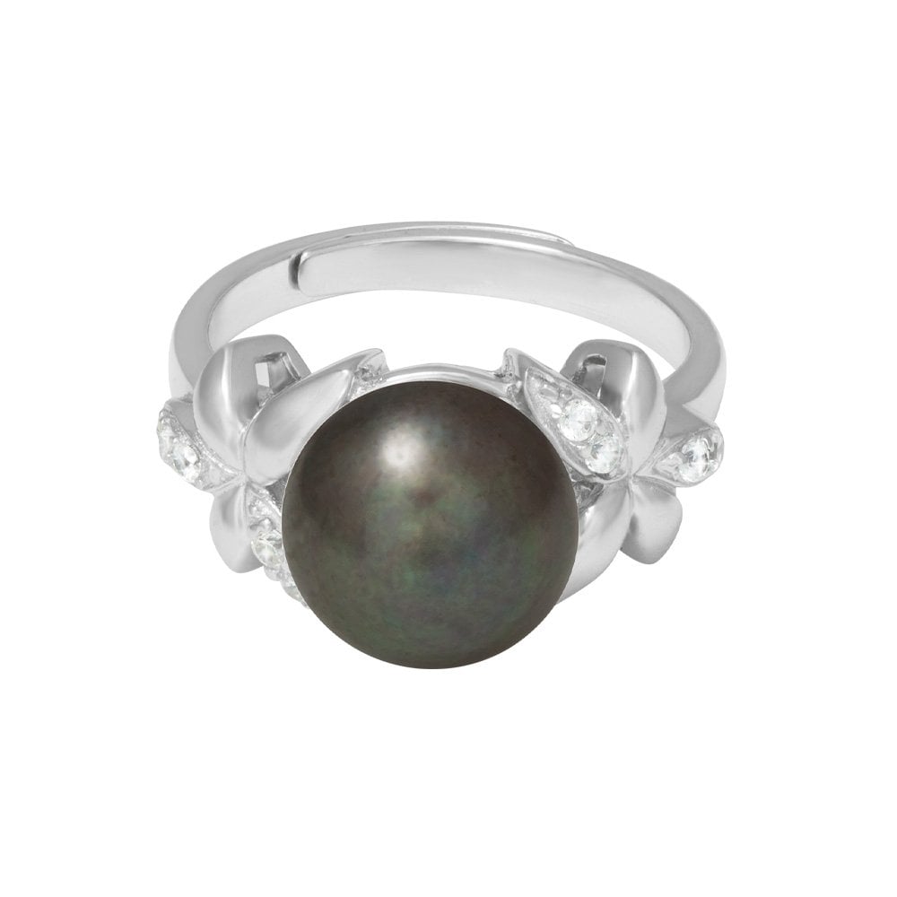 Bella Perlina CZ and Black Freshwater Pearl Sterling Silver Adjustable Ring