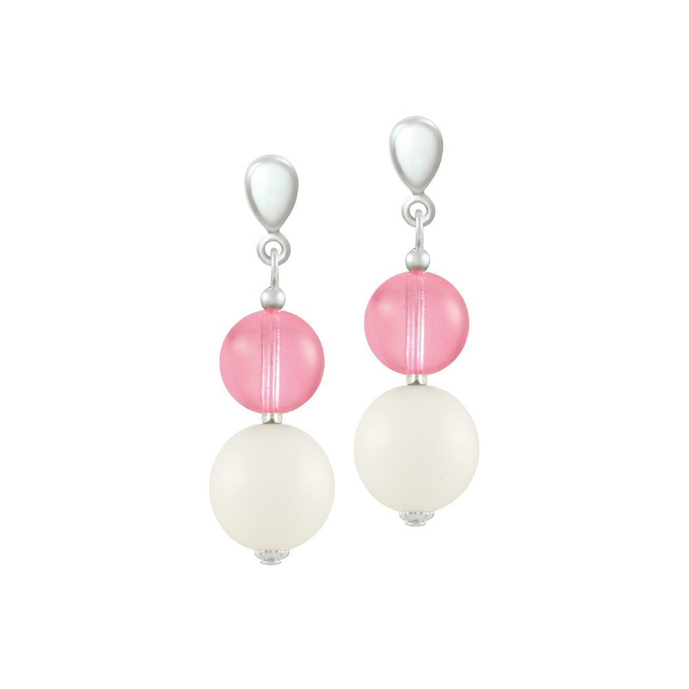 Jamboree Rose Pink and White Czech Glass Drop Clip On Earrings