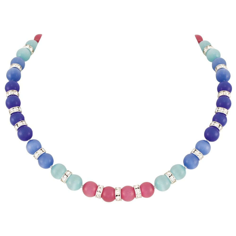 Pastiche Blue and Pink Cats Eye Beaded Silver Tone Beaded Necklace