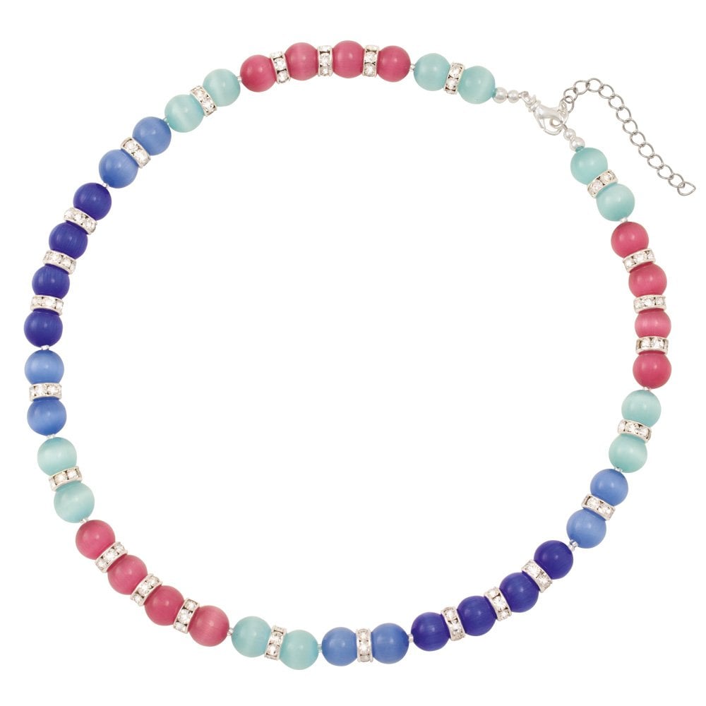 Pastiche Blue and Pink Cats Eye Beaded Silver Tone Beaded Necklace
