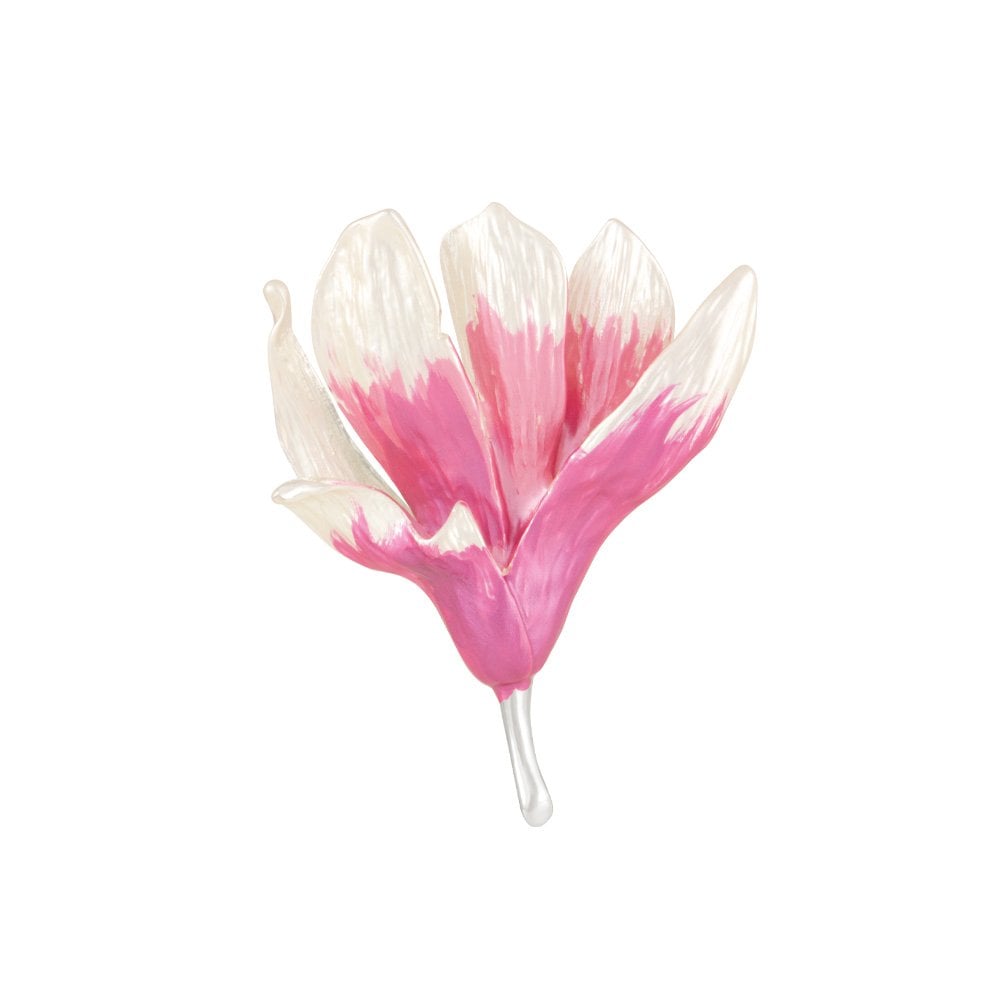 Magnolia Pink and White Enamel Silver Tone Flower Brooch