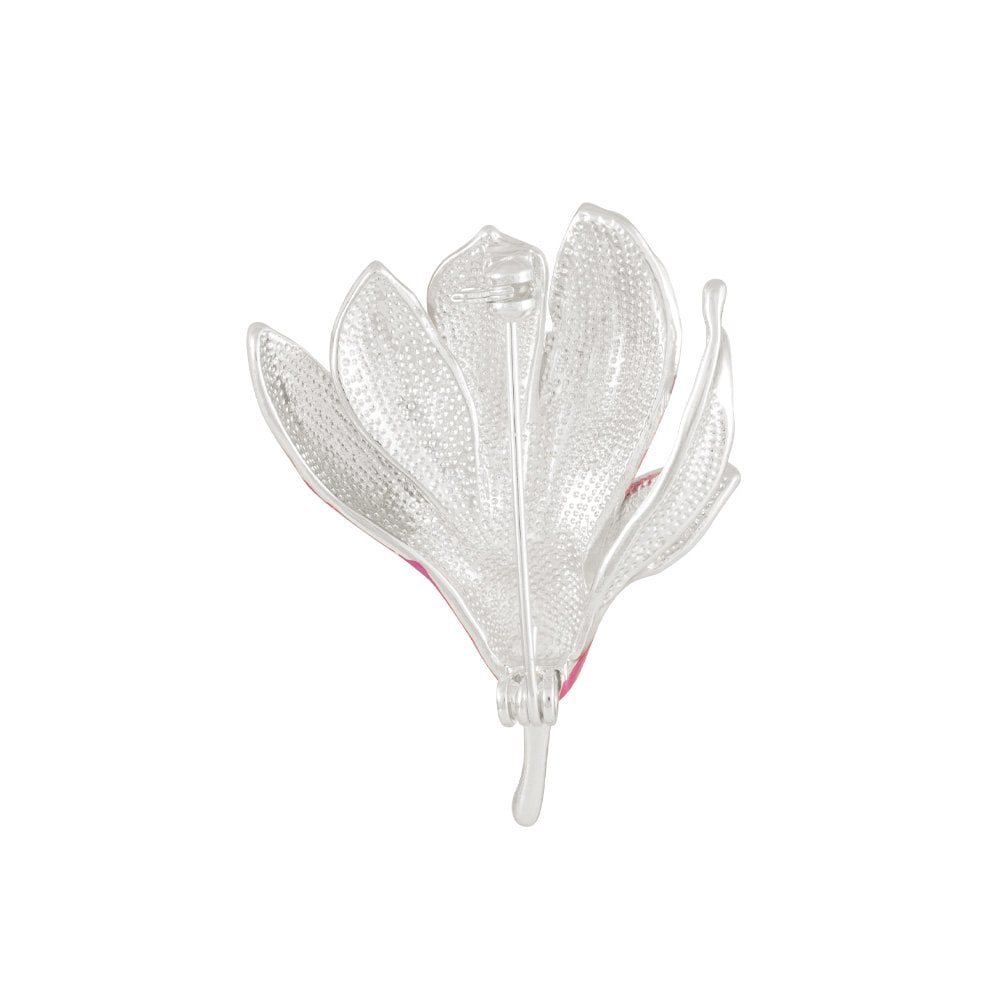 Magnolia Pink and White Enamel Silver Tone Flower Brooch