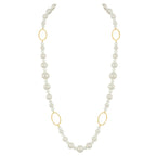 Triumphant White Shell Pearl and Crystal Gold Tone Long Pearl Statement Necklace